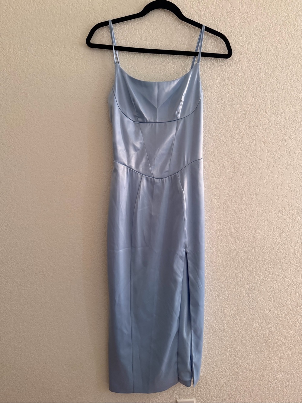 Up and Down Blue Satin Midi Dress Side Slit